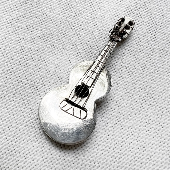 Vintage Jewelry - 1970s Vintage TAXCO Mexico Guitar Sterling Silver Brooch Pin